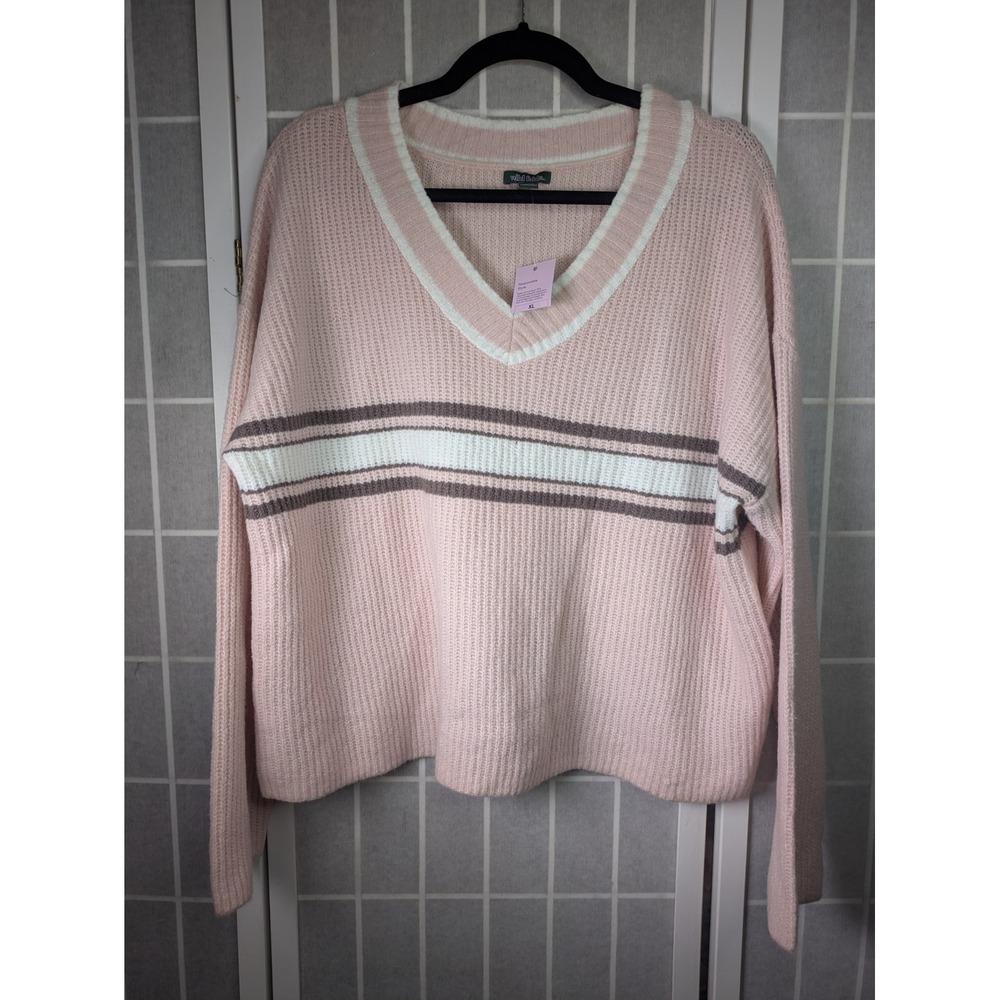 Wild Fable Womens Sweater XL NWT $30 Pink White Brown Striped V-Neck Knit Preppy